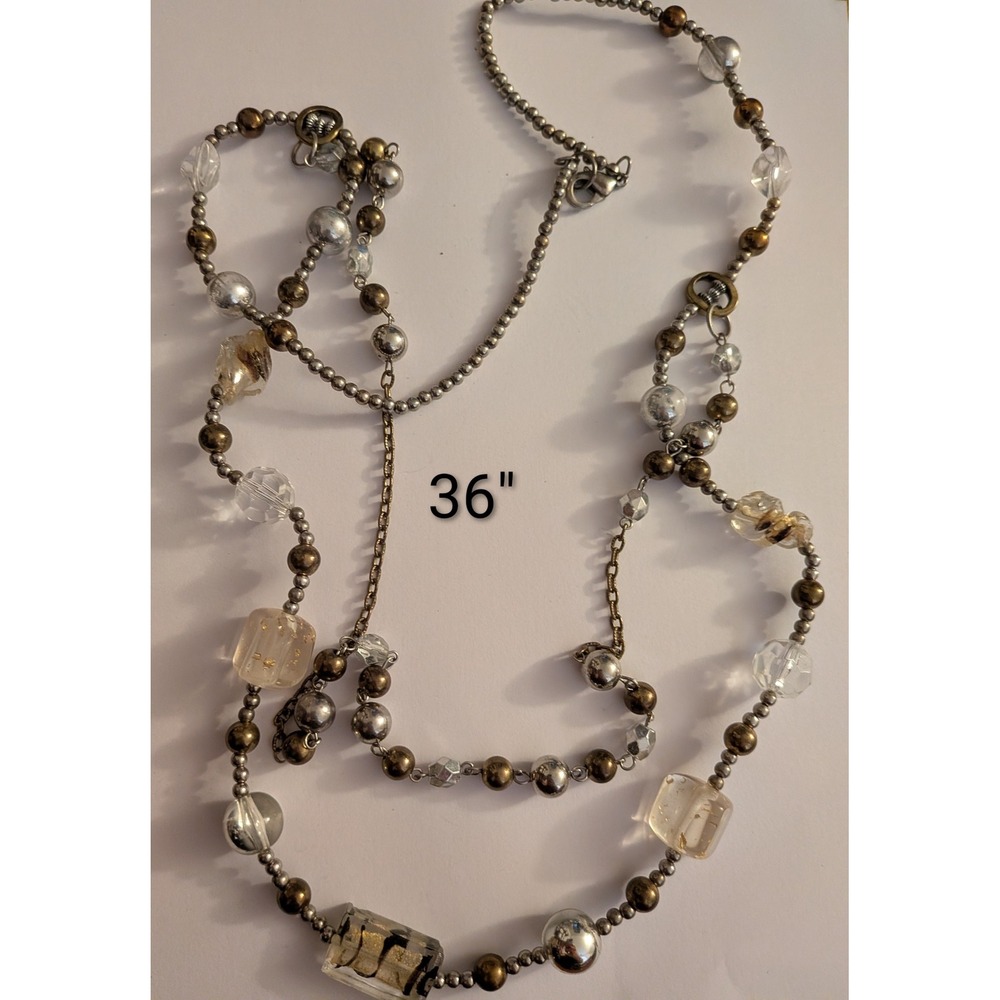 Mixed Metal Beaded Long Opera Necklace Silver Bronze Clear Amber 36 Inch